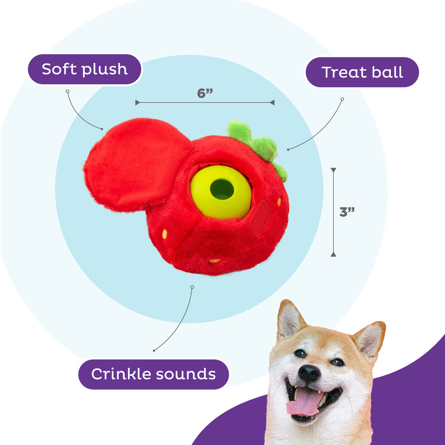 Fruity Findz Interactive Plush Dog Puzzle With Treat Ball Red
